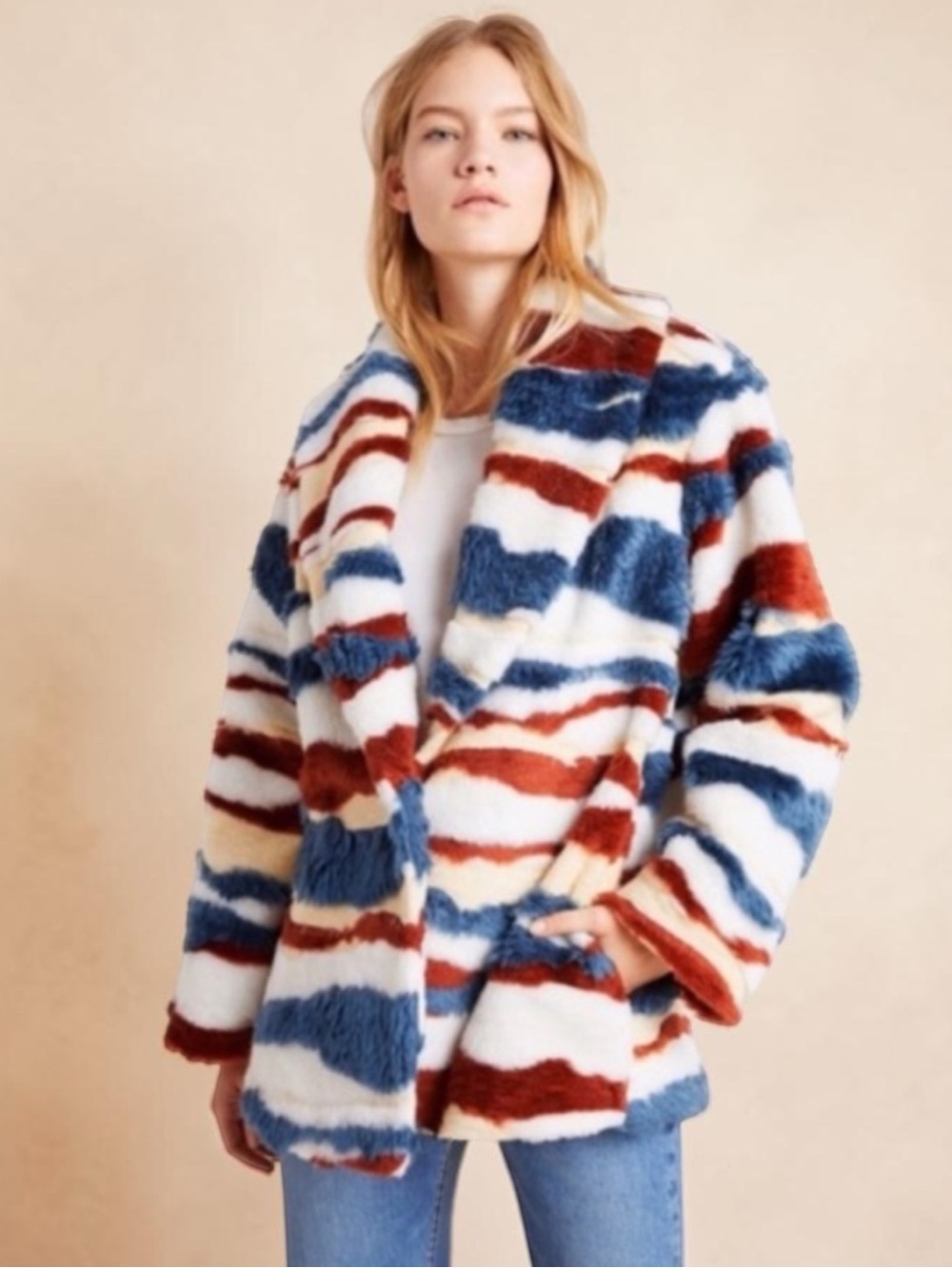 Anthropologie Leona Faux Fur Coat Multicolor Striped Red Blue White Size L